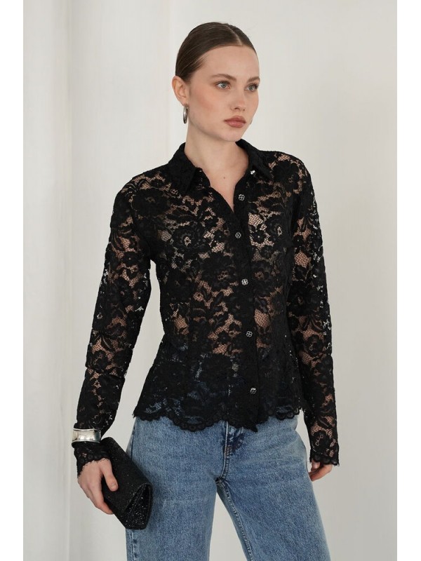 F2081 BRODE DANTELİ GÖMLEK - SİYAH